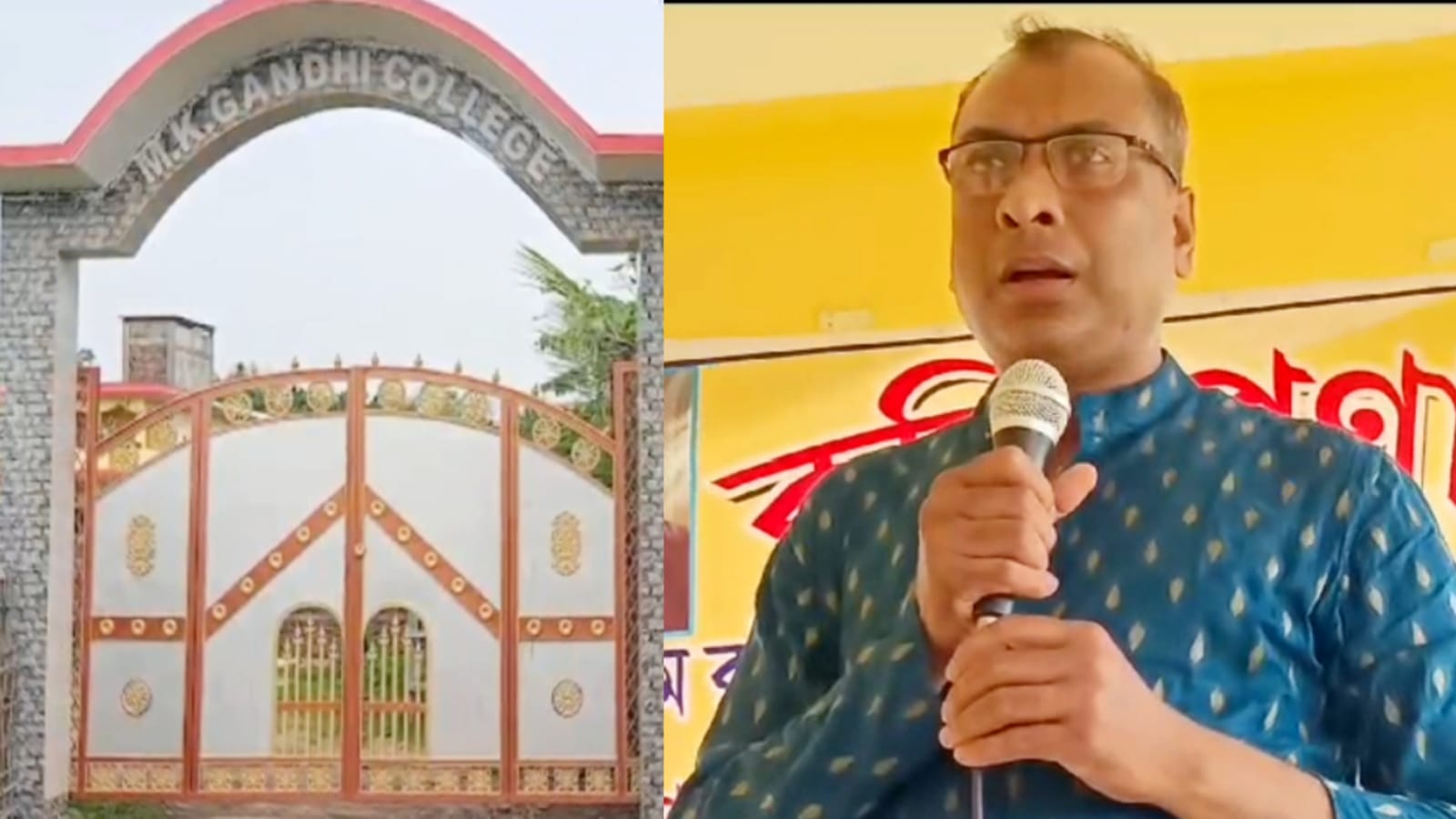 একজন শিক্ষক মাইক হাতে শ্রেণীকক্ষে বক্তৃতা দিচ্ছেন এবং শিক্ষার্থীরা শ্রবণ করছে।
