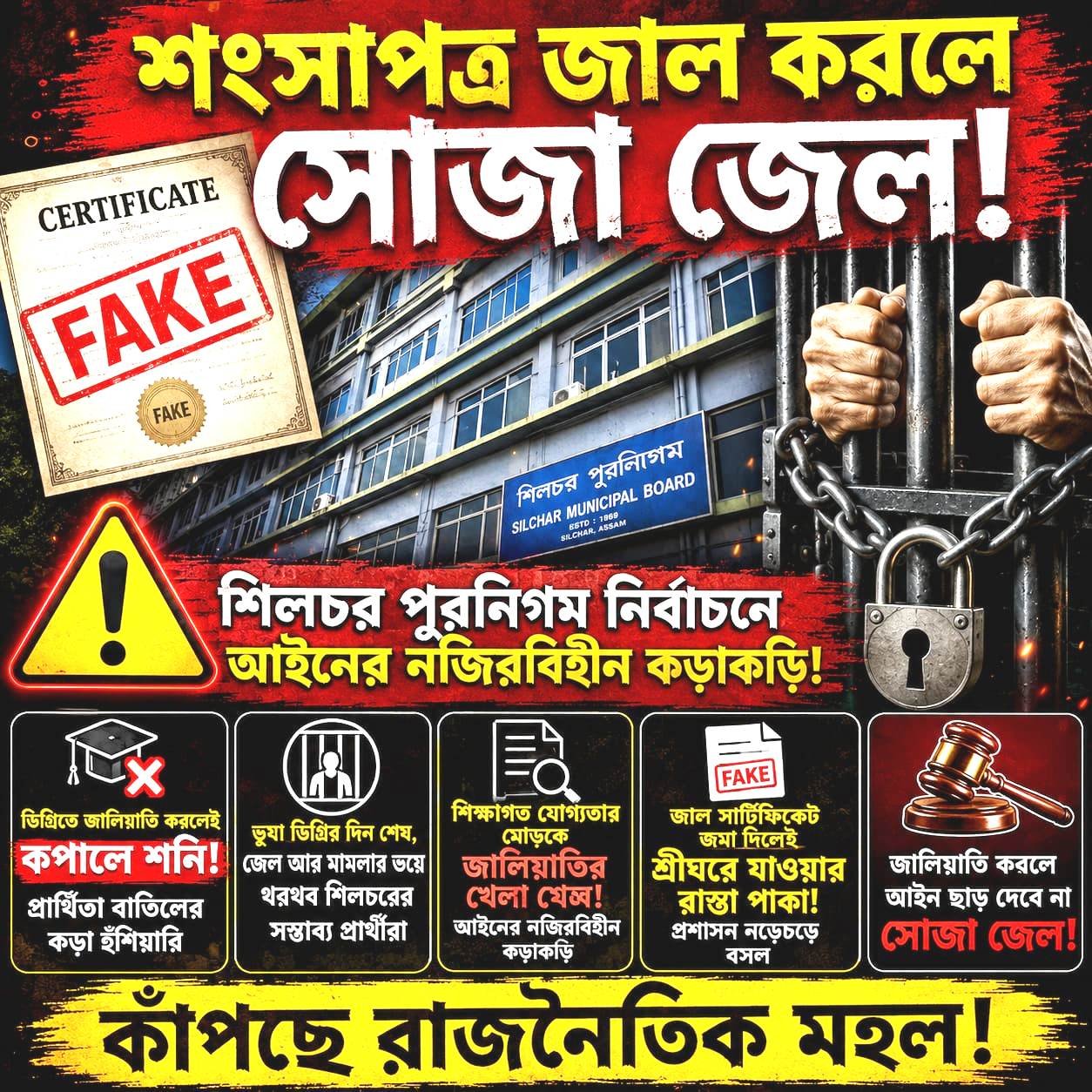 শিলচর পুরনিগম নির্বাচন: ডিগ্রিতে জালিয়াতি করলেই কপালে শনি, জাল সার্টিফিকেট জমা দিলেই শ্রীঘরে যাওয়ার রাস্তা পাকা!
